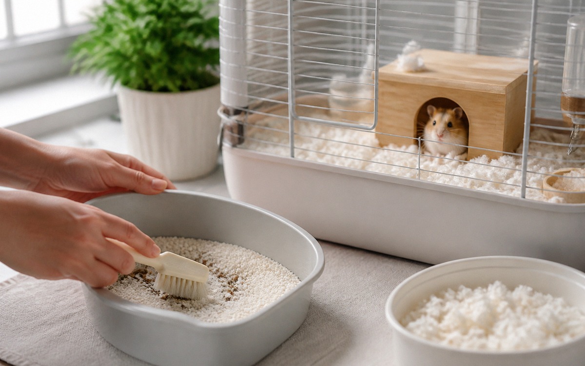 Realistic natural photography of a person gently cleaning a small hamster litter tray beside a spaci
