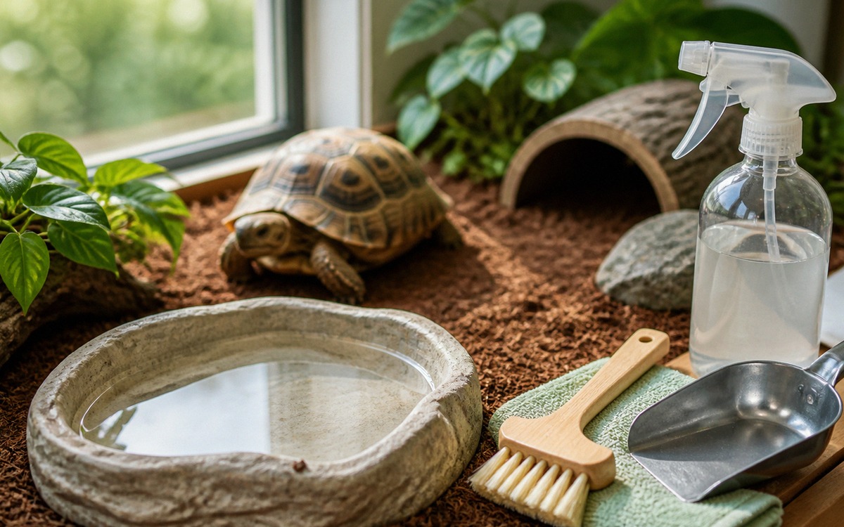 A clean turtle habitat maintenance scene with fresh water bowl, safe substrate, small cleaning tools