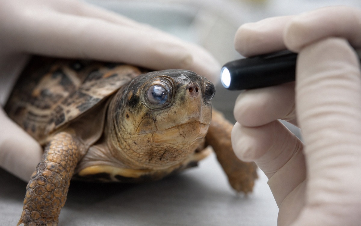 Photorealistic close-up of a small domestic turtle with slightly swollen eyes being examined under s