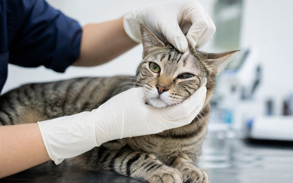 Photorealistic close-up of a veterinarian gently examining a calm tabby cat's ear and eye in a veter
