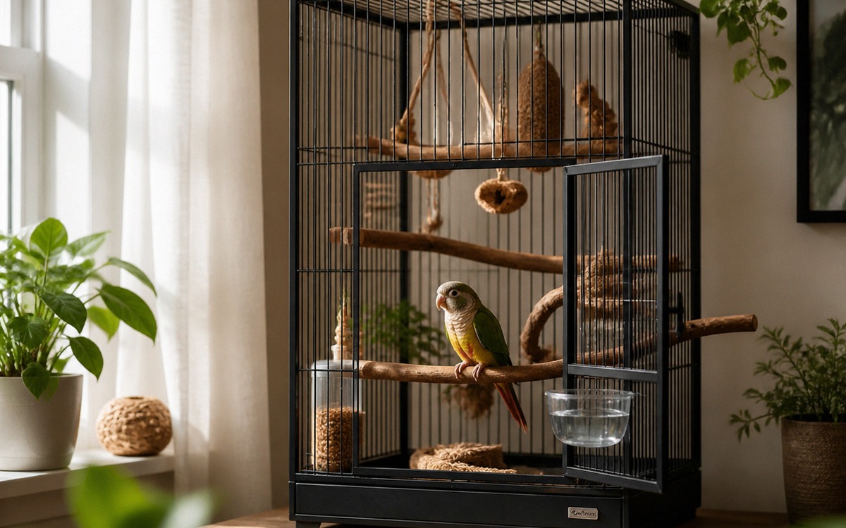 Photorealistic image of a well-arranged bird cage in a quiet corner of a home, varied wooden perches