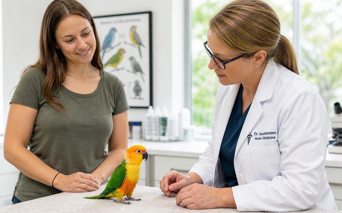 Photorealistic veterinary consultation scene with a small parrot calmly sitting on a towel-covered e
