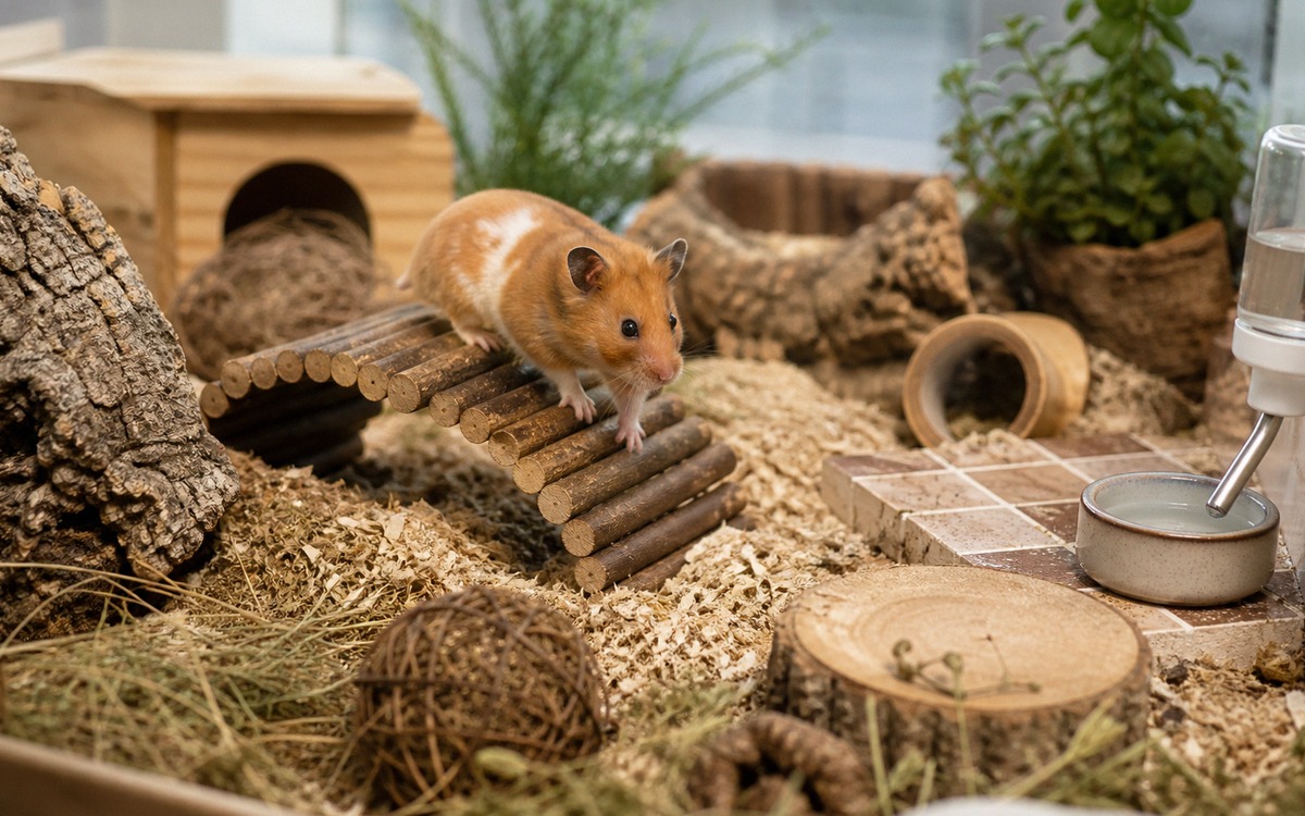 A well arranged hamster enclosure with a Syrian hamster walking across a wooden bridge, ceramic tile