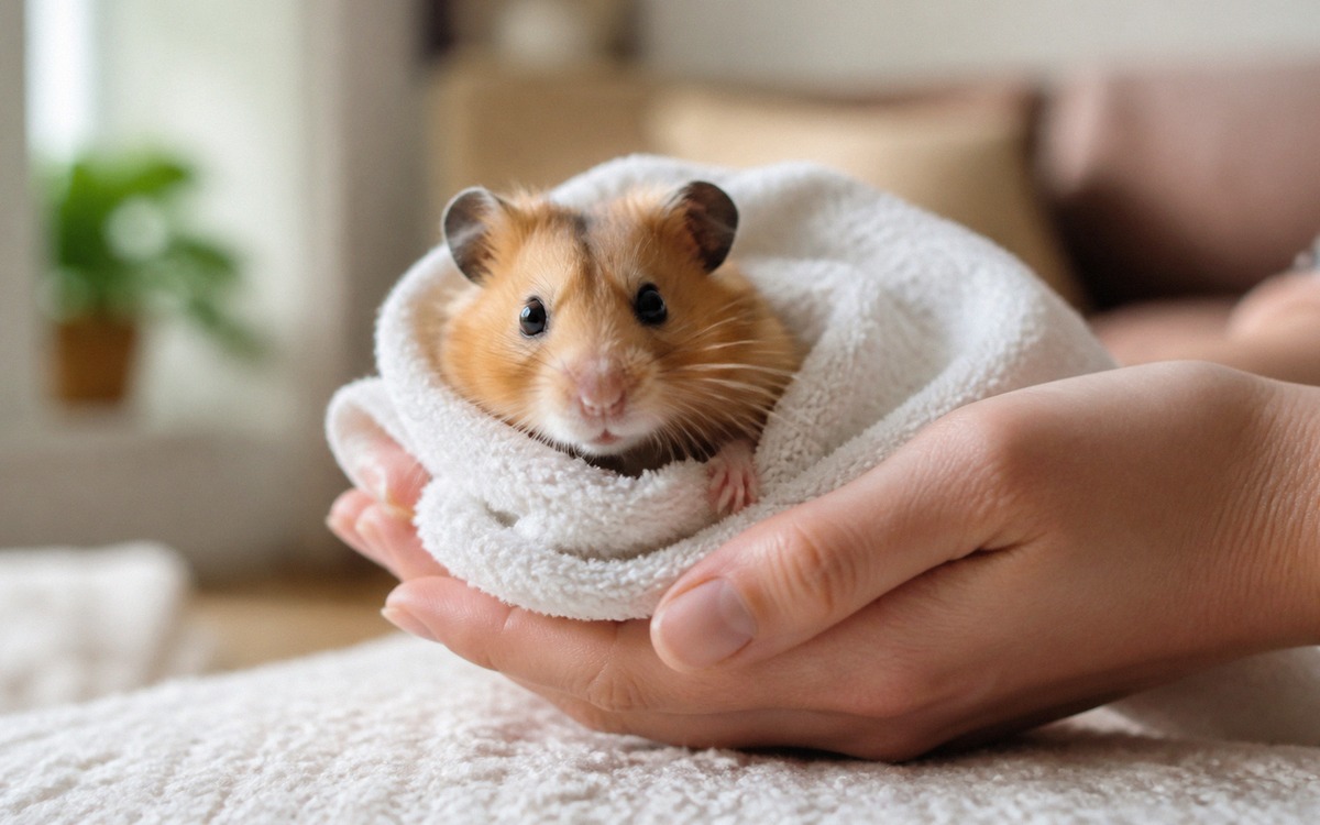 Photorealistic scene of a calm Syrian hamster gently wrapped in a small soft towel with one paw visi