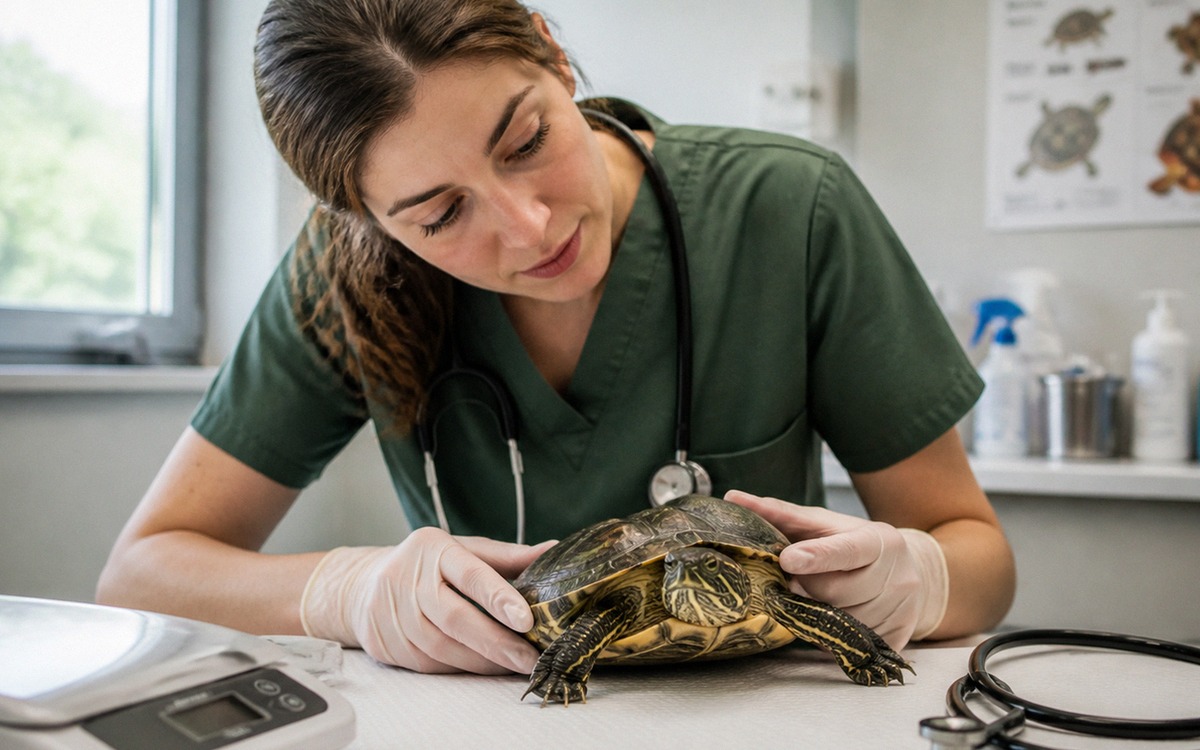 A reptile veterinarian gently examining a turtle on a clean clinic table, gloved hands, small scale