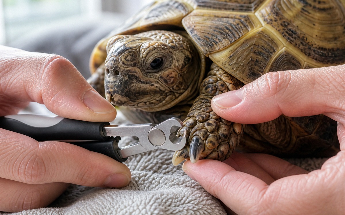 Photorealistic close-up of careful turtle claw trimming at home, owner using a small pet nail clippe