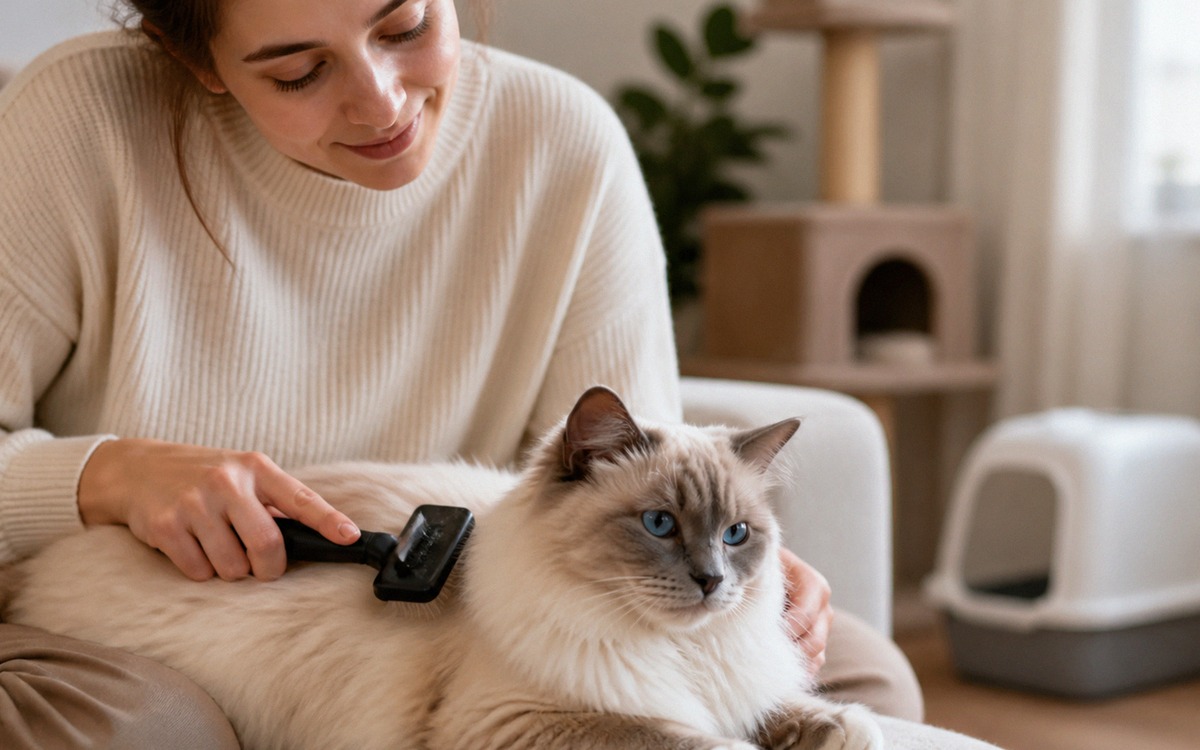 A cat owner gently brushing a long-haired Ragdoll cat on a sofa, grooming brush, scratching post and