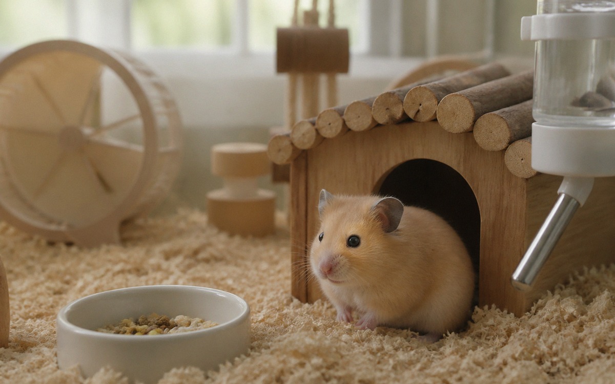 A concerned but calm scene of a hamster enclosure with an untouched food bowl and a small hamster si