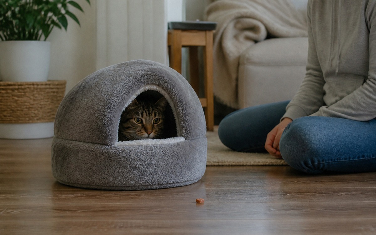 Photorealistic natural photography of a cat hiding calmly in a cozy covered cat bed while an owner s
