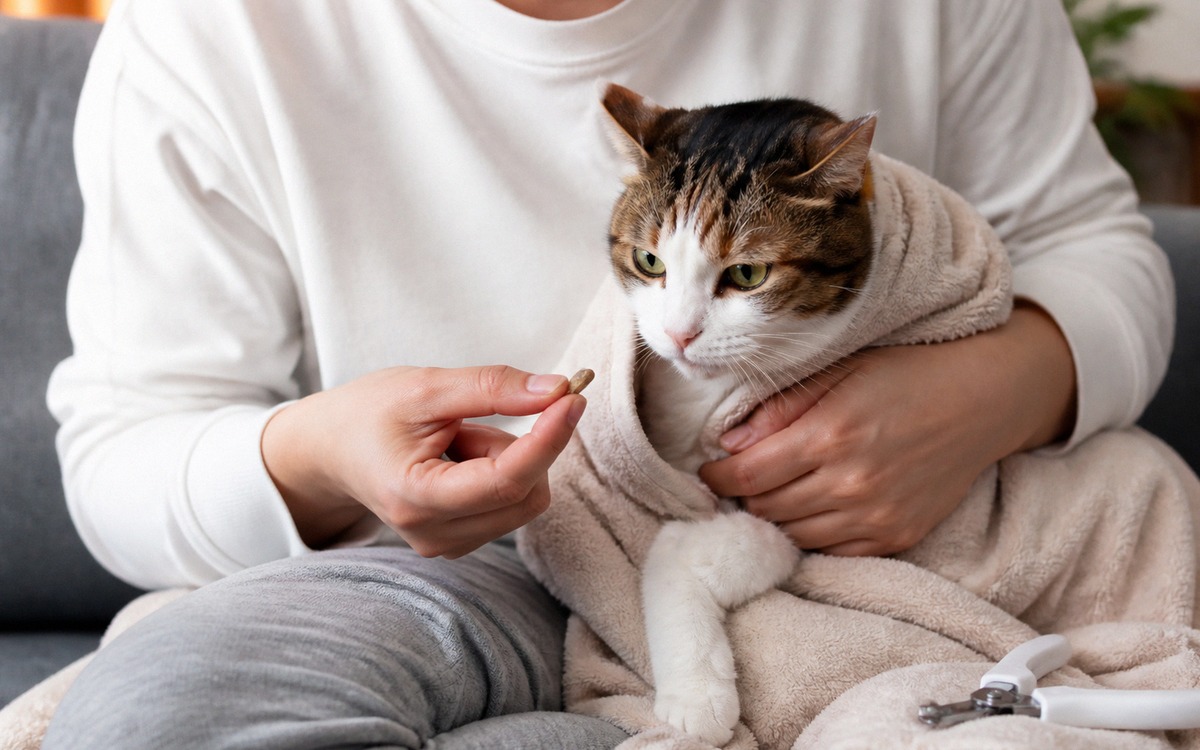 A cautious cat partially wrapped in a soft towel on an owner's lap, owner calmly offering a small tr