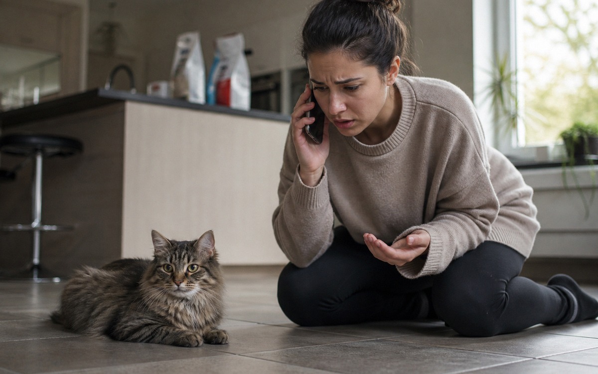 Photorealistic natural photography of a worried cat owner on the phone with a veterinarian while a c