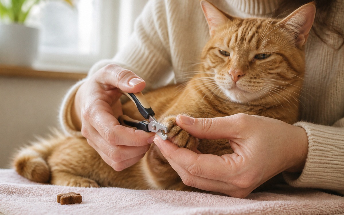 Photorealistic scene of an owner carefully trimming only the very tip of a relaxed ginger cat's fron