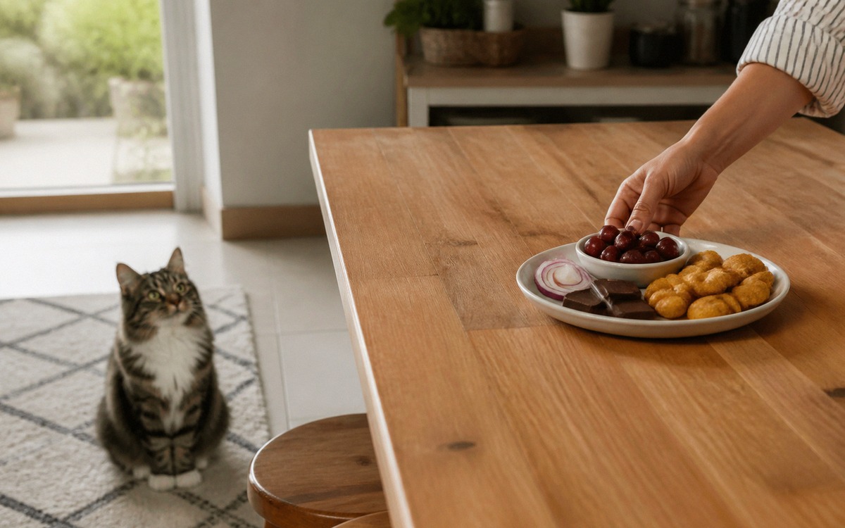 Photorealistic natural photography of a curious cat sitting safely away from a kitchen table with un