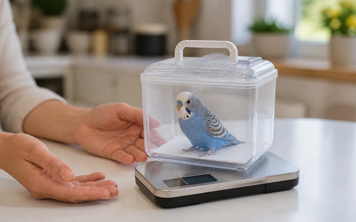 Photorealistic home care scene with a budgerigar in a small safe travel box placed on digital kitche