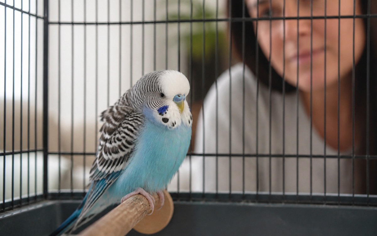 Photorealistic close-up of a slightly fluffed budgerigar sitting quietly on a low perch while an own