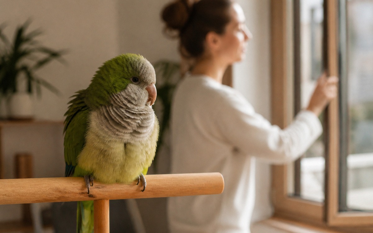 Photorealistic natural photography of a small parrot sitting dry and fluffed on a warm perch away fr