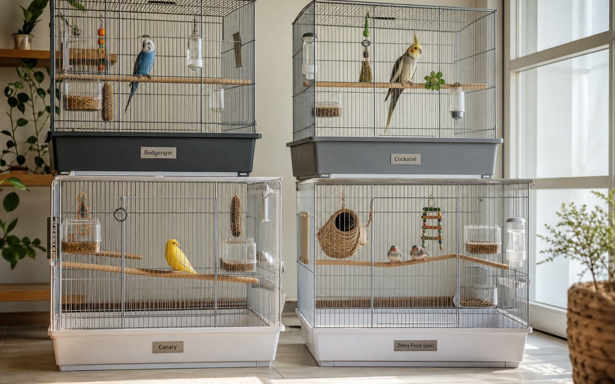 A realistic comparison scene with separate safe cages in a pet friendly apartment: a budgerigar, a c