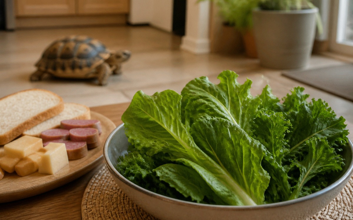 Photorealistic educational scene with a tortoise safely away from a kitchen table where unsuitable f
