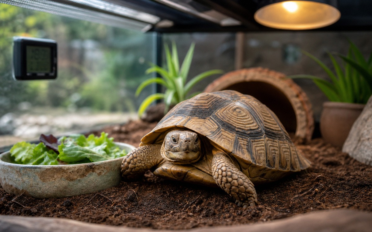 Photorealistic close-up of a tortoise basking under a heat lamp in a well equipped terrarium, UVB fi
