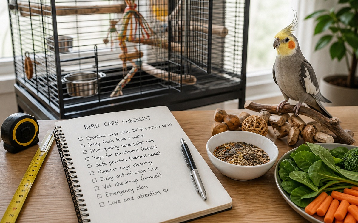 A realistic tabletop scene showing responsible preparation for choosing a pet bird: notebook with ca