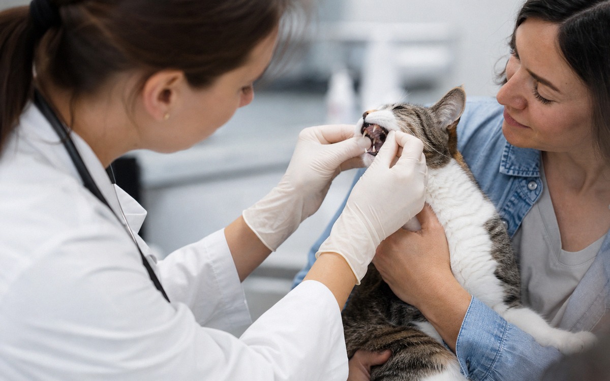Photorealistic close but gentle veterinary dental check of a calm cat, veterinarian wearing gloves e