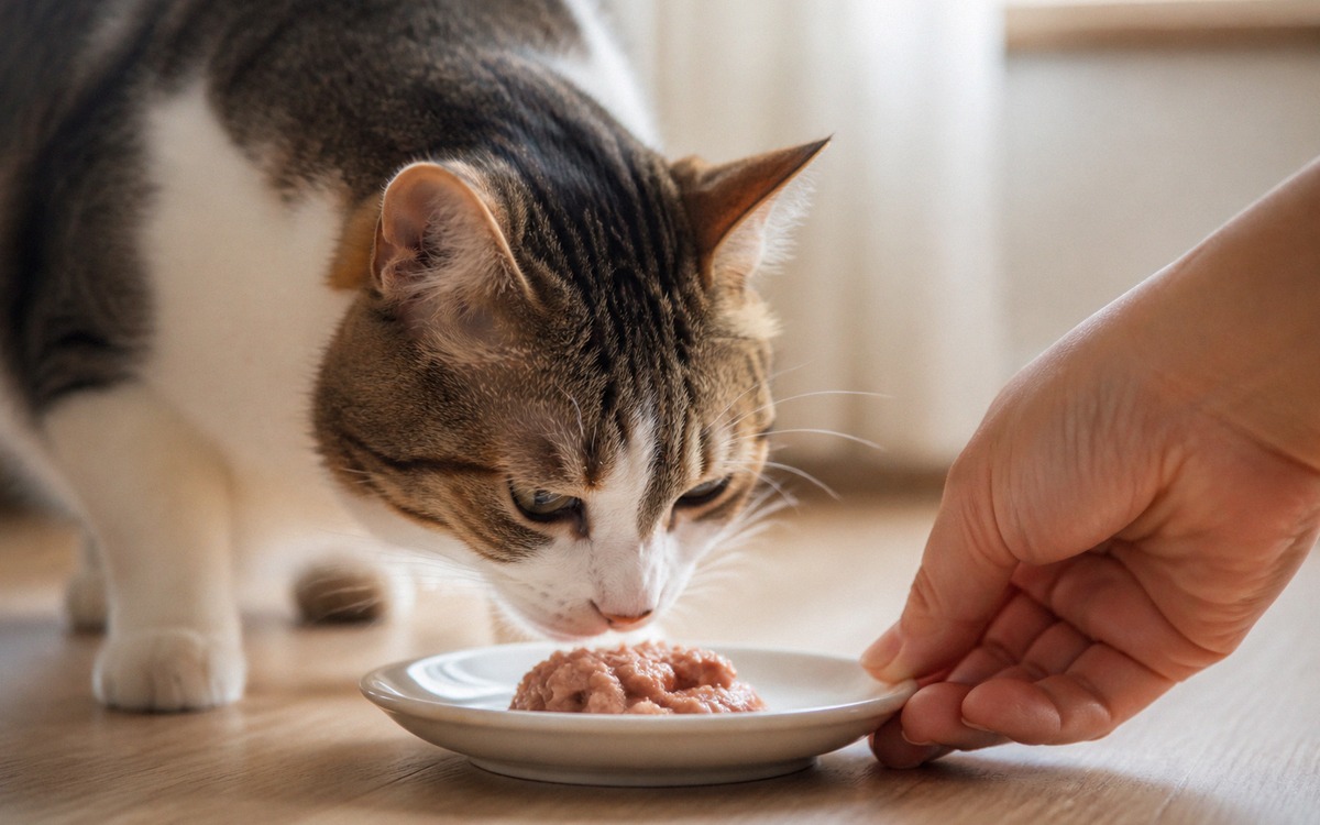 Photorealistic close-up of a domestic cat sniffing a small portion of warmed wet cat food on a flat 