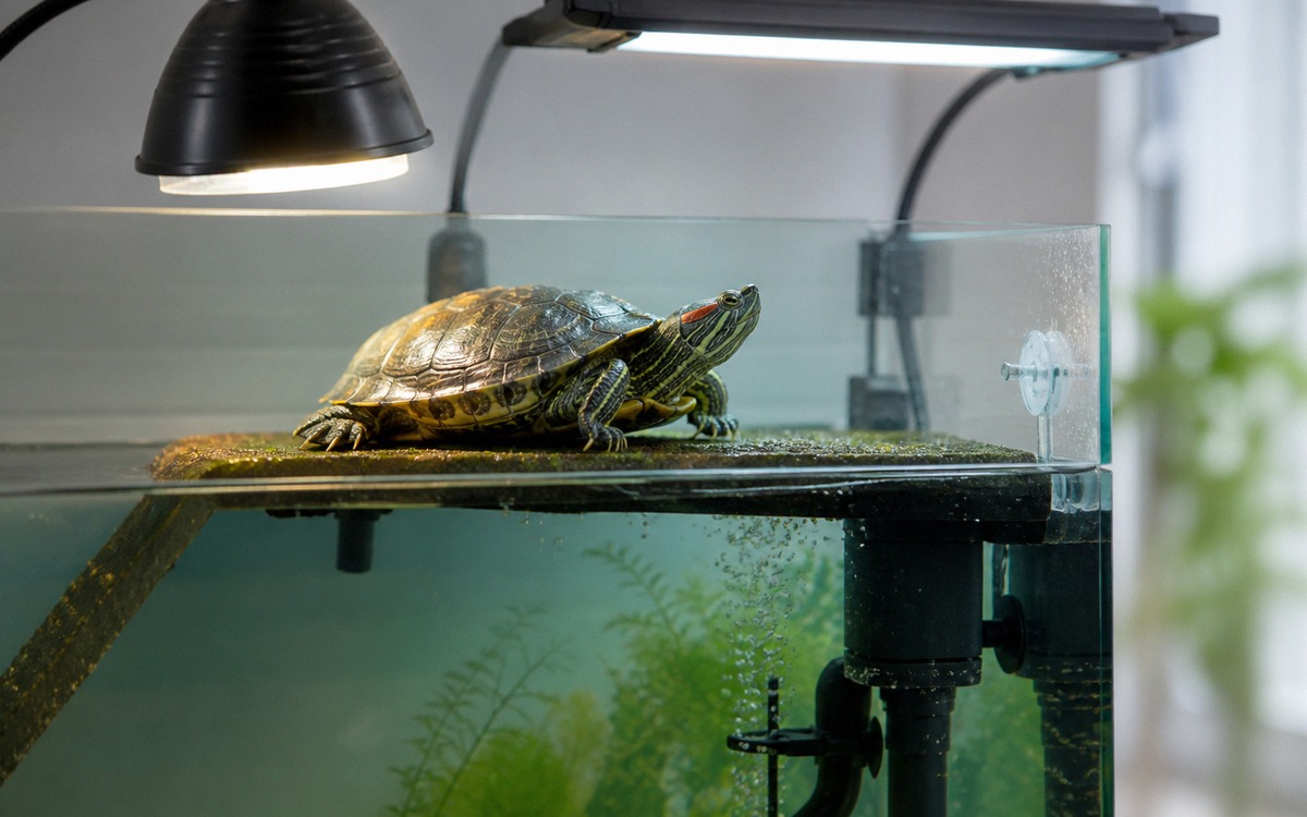Photorealistic image of a red-eared slider turtle basking fully dry on a stable platform inside a cl