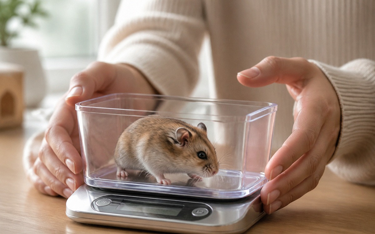 Photorealistic close-up of a careful pet owner gently weighing a hamster in a small transparent cont