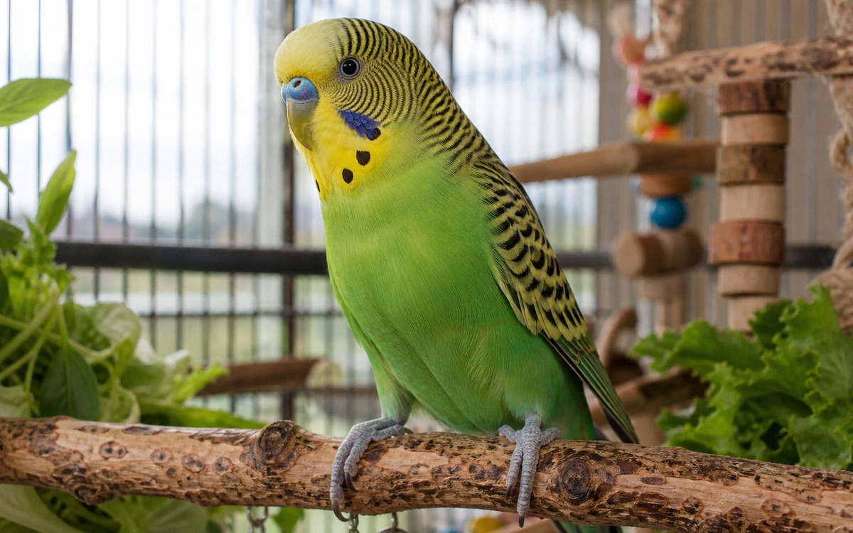 Natural photography of a healthy budgerigar standing on varied natural wooden perches inside a clean