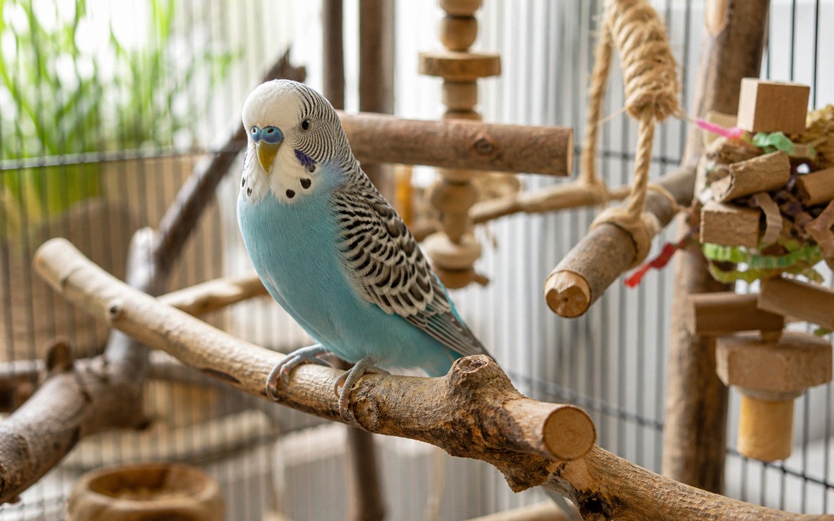 Photorealistic scene of a budgerigar standing on varied natural wooden perches inside a spacious cle