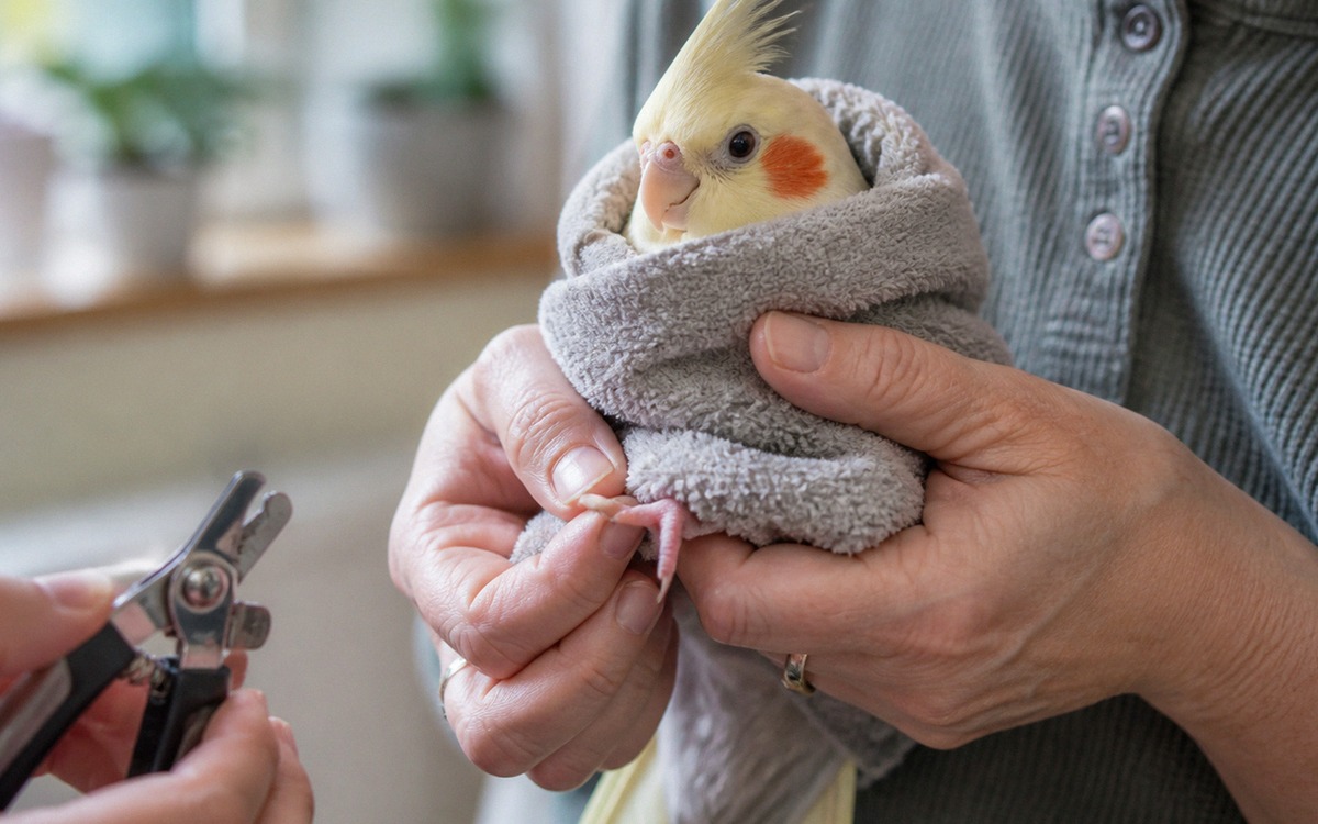 Photorealistic scene of an experienced owner gently holding a cockatiel wrapped loosely in a soft to