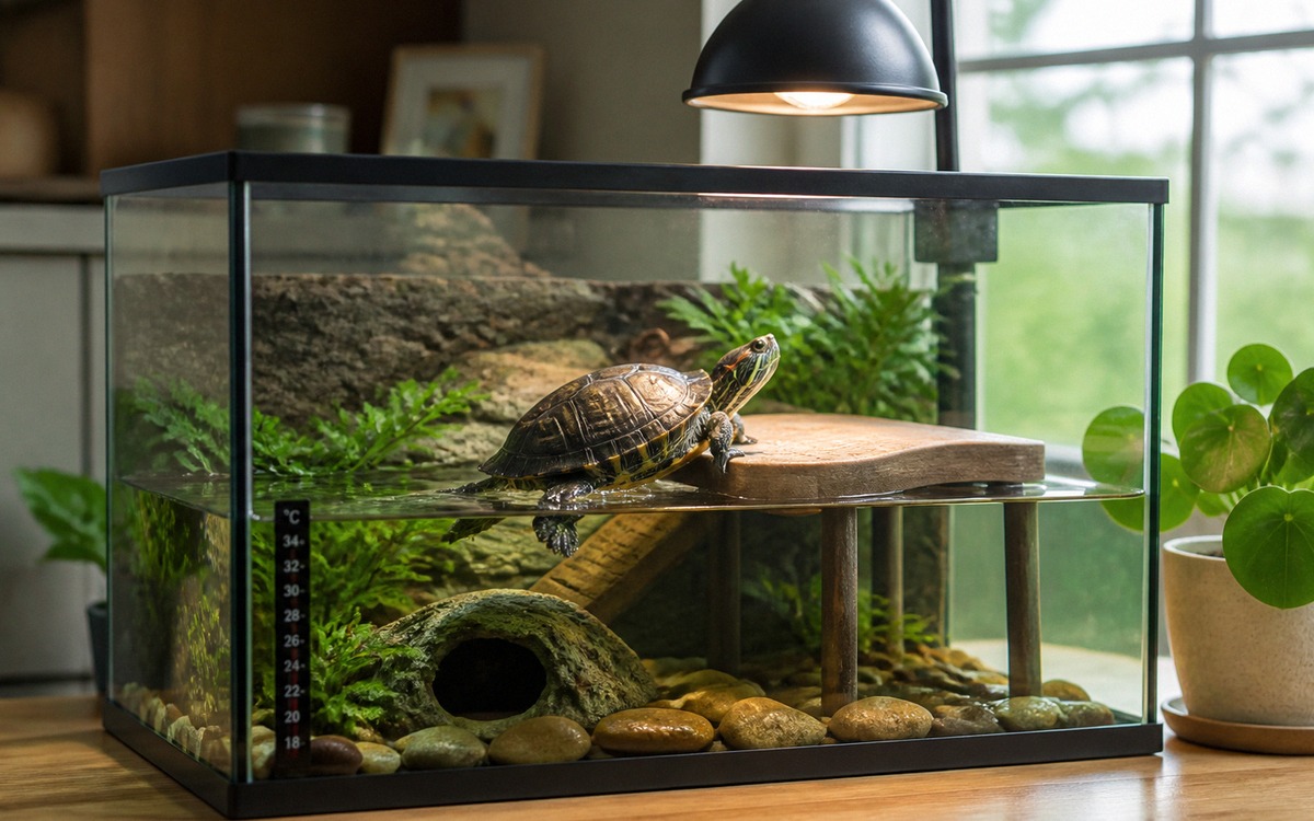 Well-equipped turtle aquarium with clear water, basking dock, UV lamp, thermometer, hiding area, and