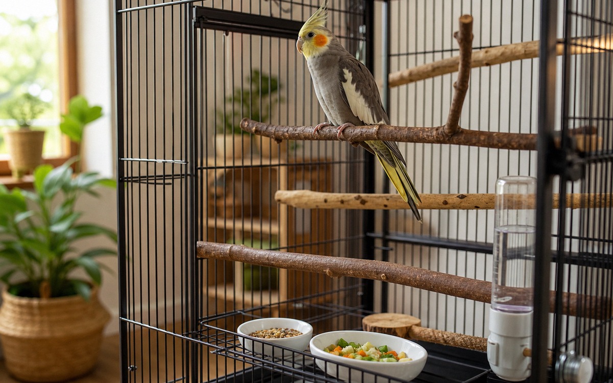 Photorealistic natural photography of a responsible bird care setup: clean cage with varied natural 