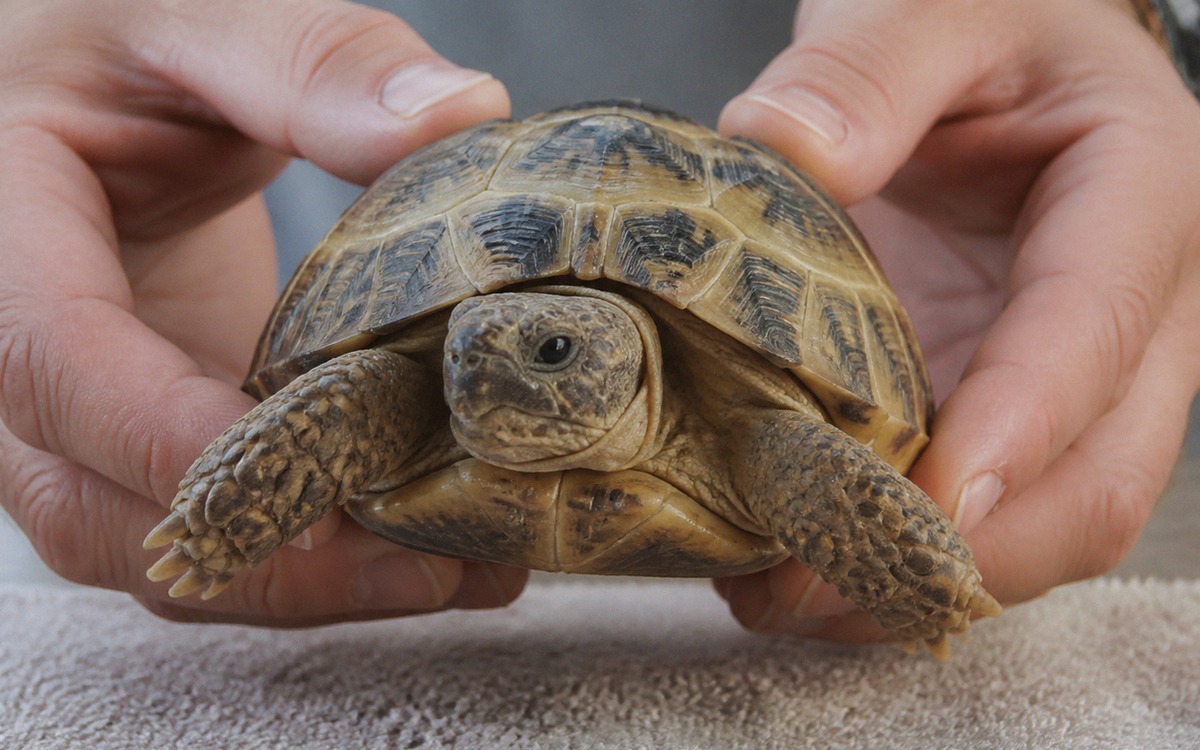 Close-up realistic photo of an adult gently holding a small tortoise with two hands on both sides of
