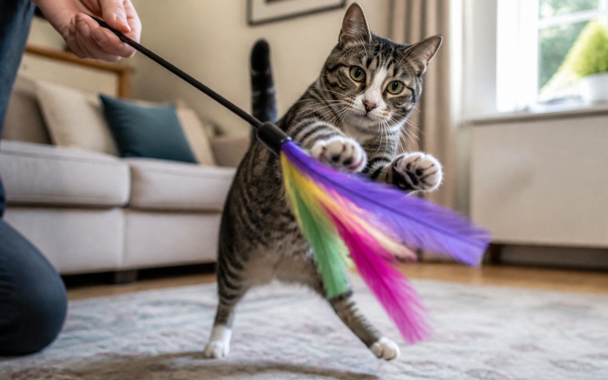 Photorealistic action shot of a domestic cat playing with a feather wand toy in a living room, owner