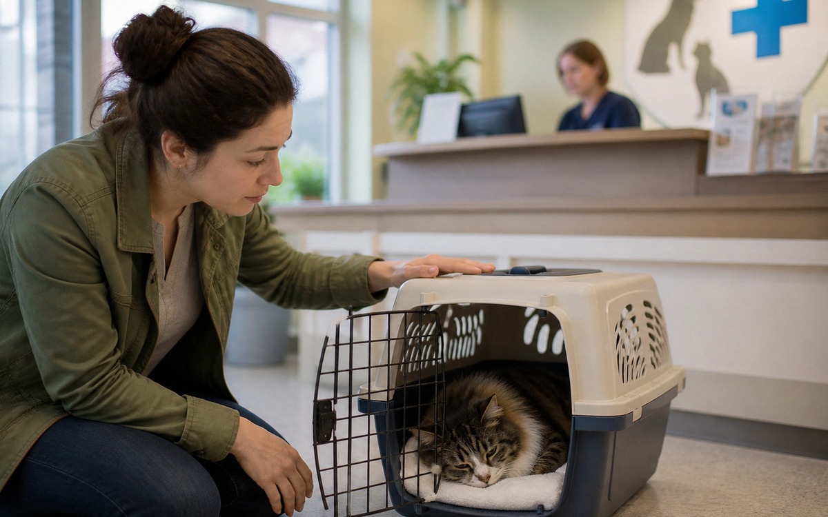Concerned cat owner gently observing a lethargic cat resting in a carrier near a veterinary clinic r