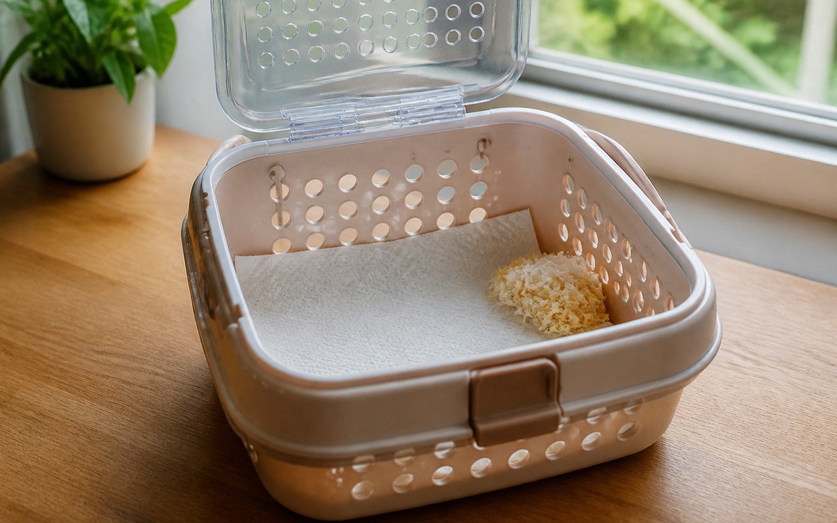 A safe small pet carrier prepared for a hamster vet visit, lined with white paper towels and a littl