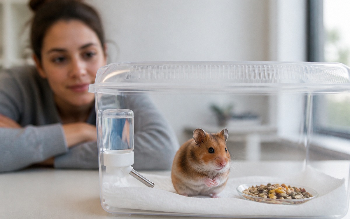 Photorealistic scene of a hamster in a clean temporary medical observation container with plain pape
