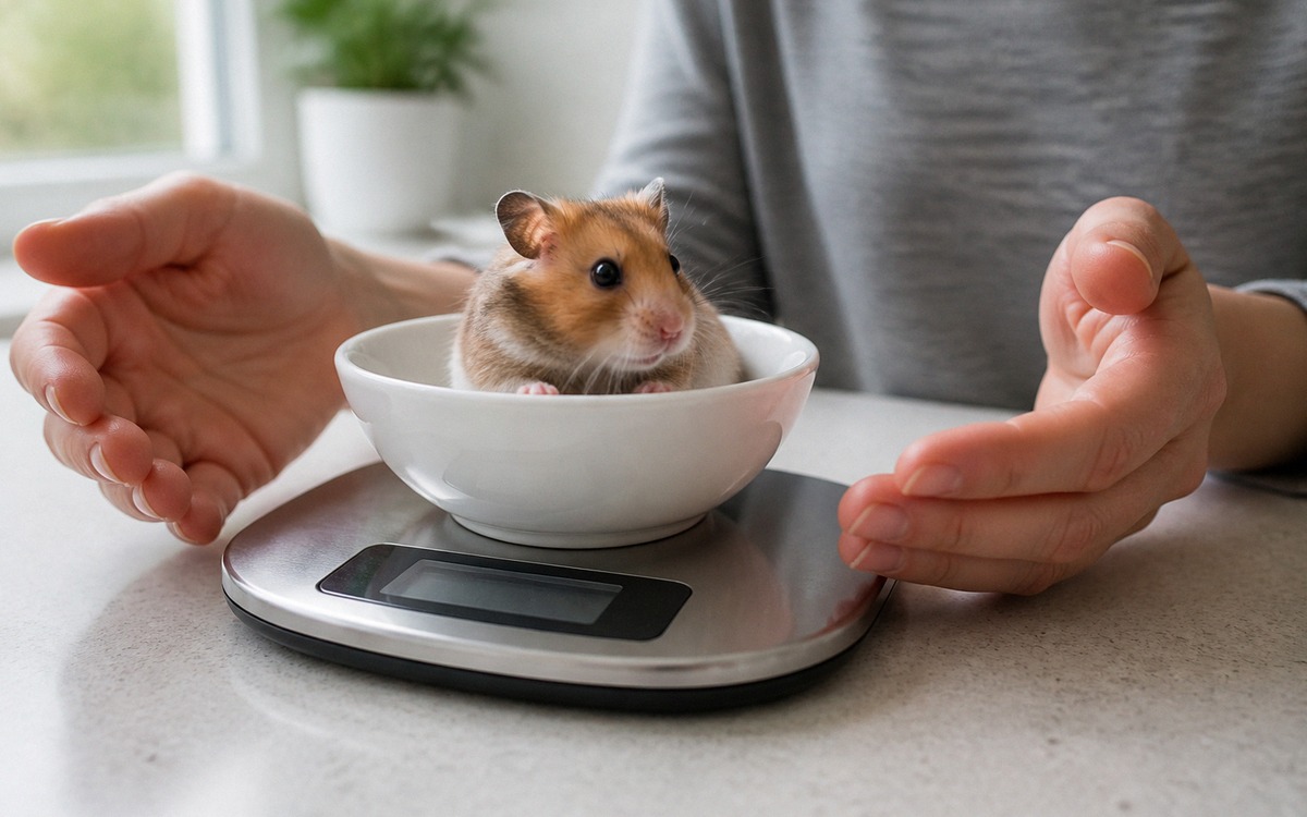 Photorealistic natural photo of a hamster being weighed safely in a small bowl on a digital kitchen 