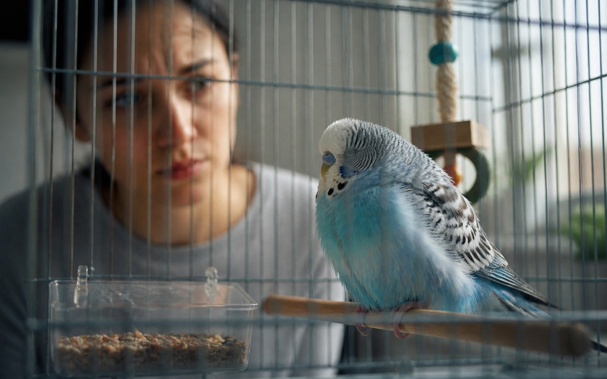 Photorealistic natural photography of a concerned owner observing a slightly fluffed budgerigar near