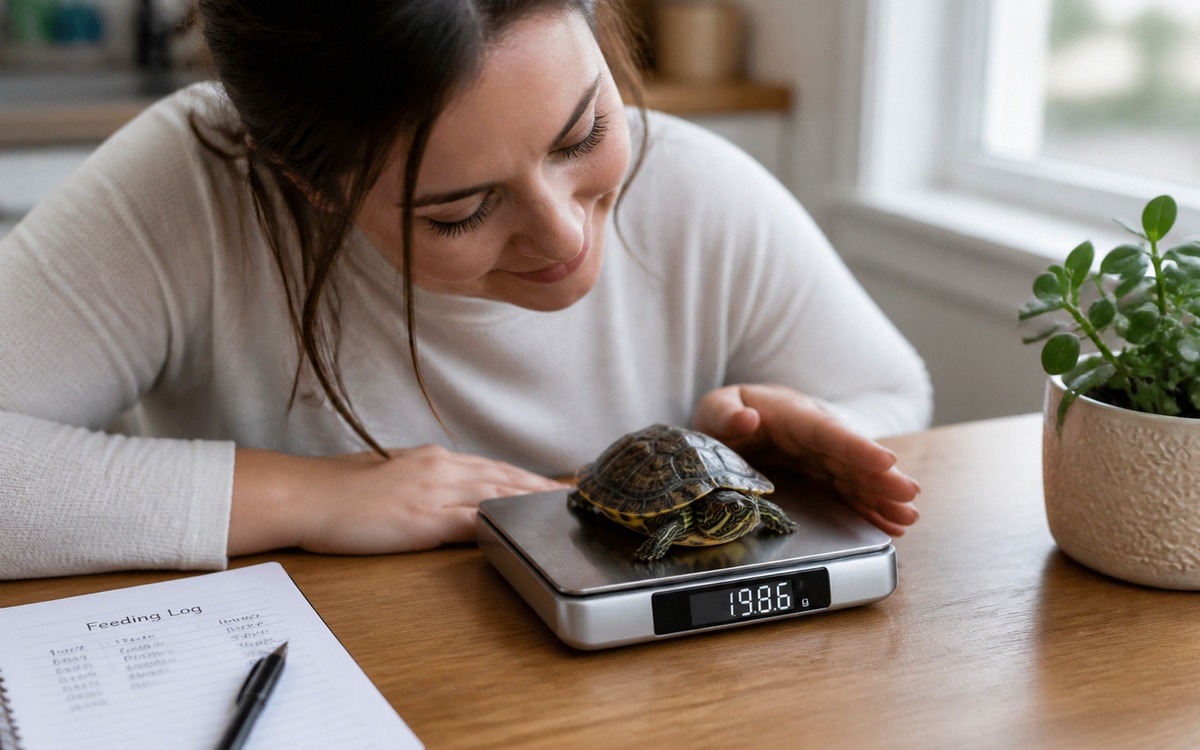 Photorealistic close home care scene of a pet owner gently weighing a small turtle on a digital kitc