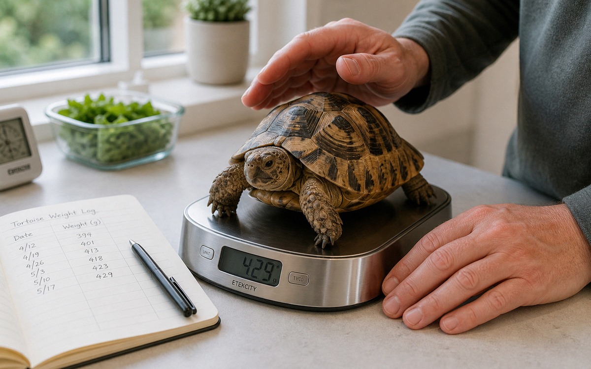 Photorealistic veterinary-style home observation scene of an adult tortoise on a digital kitchen sca