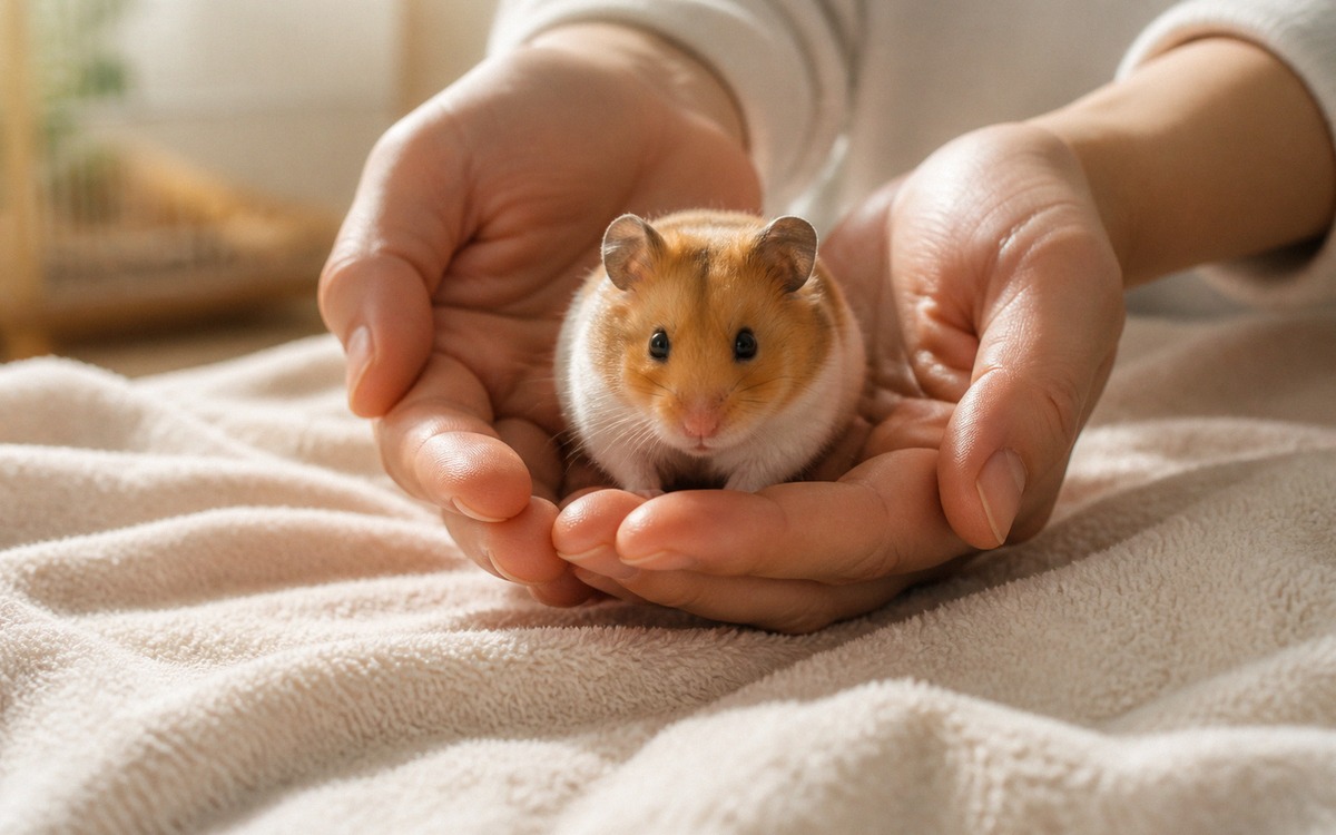 Photorealistic image of two cupped human hands held low over a soft towel while a small Syrian hamst