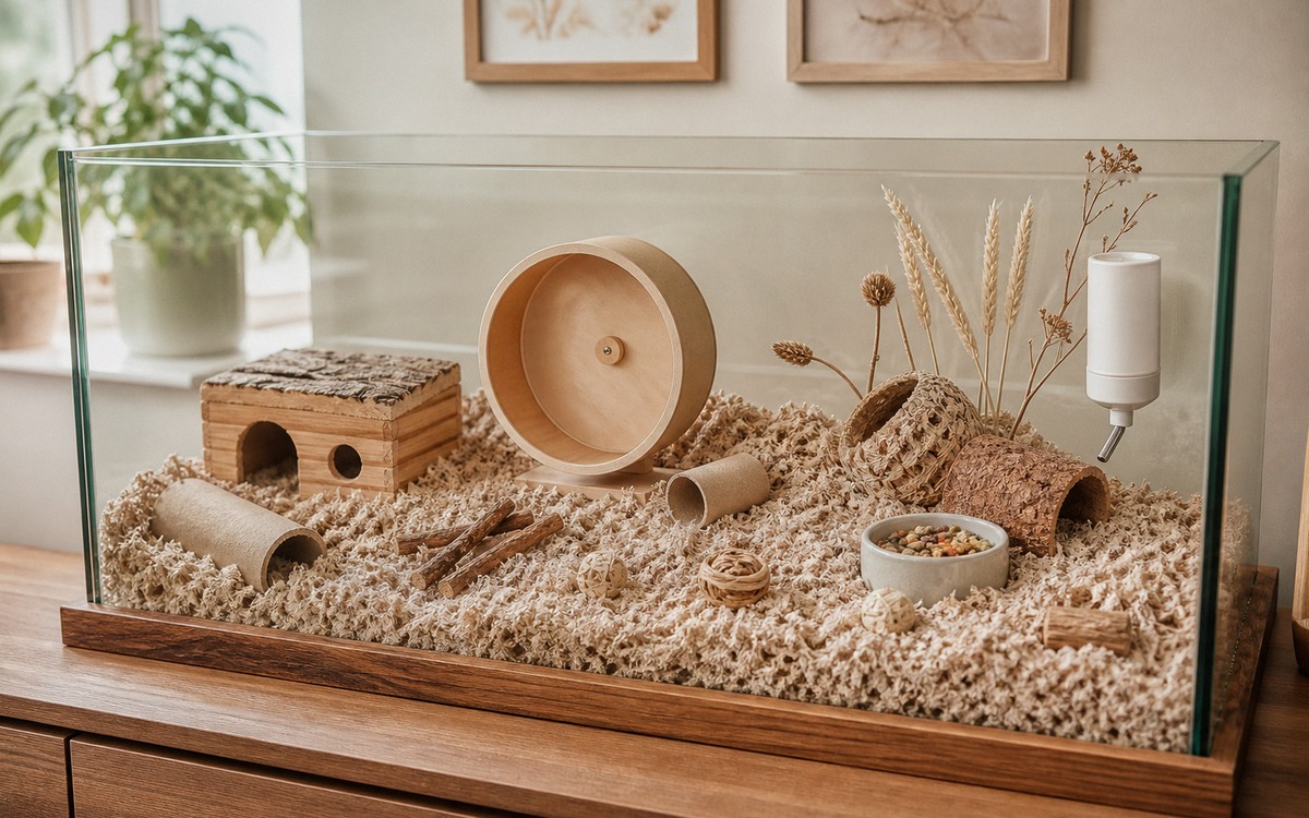 Photorealistic image of a properly prepared hamster enclosure before bringing the pet home, large ha