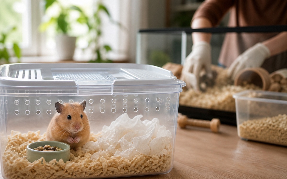 A hamster waiting in a safe ventilated plastic travel container with bedding while its cage is being