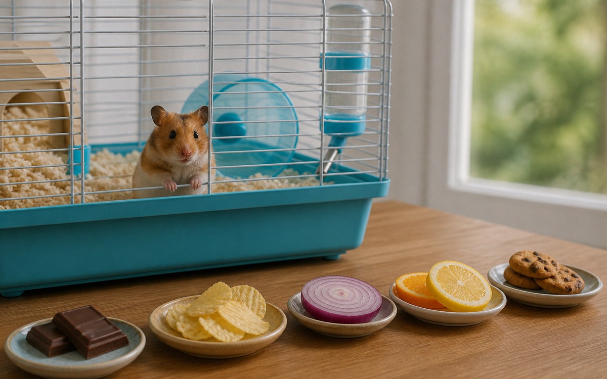 Photorealistic educational pet safety scene: a hamster safely inside its cage while forbidden foods 