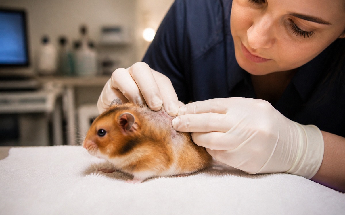 A veterinarian or experienced owner gently examining the fur and skin of a small hamster under soft 