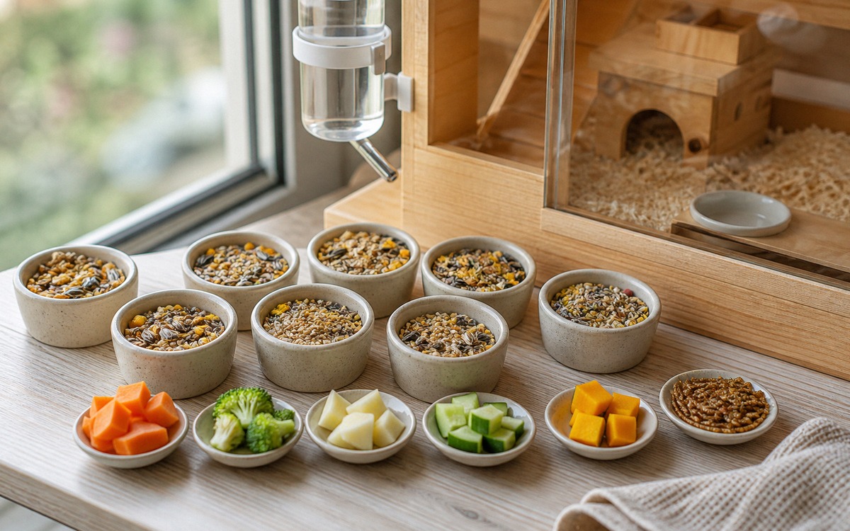 Photorealistic scene of a tidy hamster feeding setup with a weekly portion plan: small bowls with ha