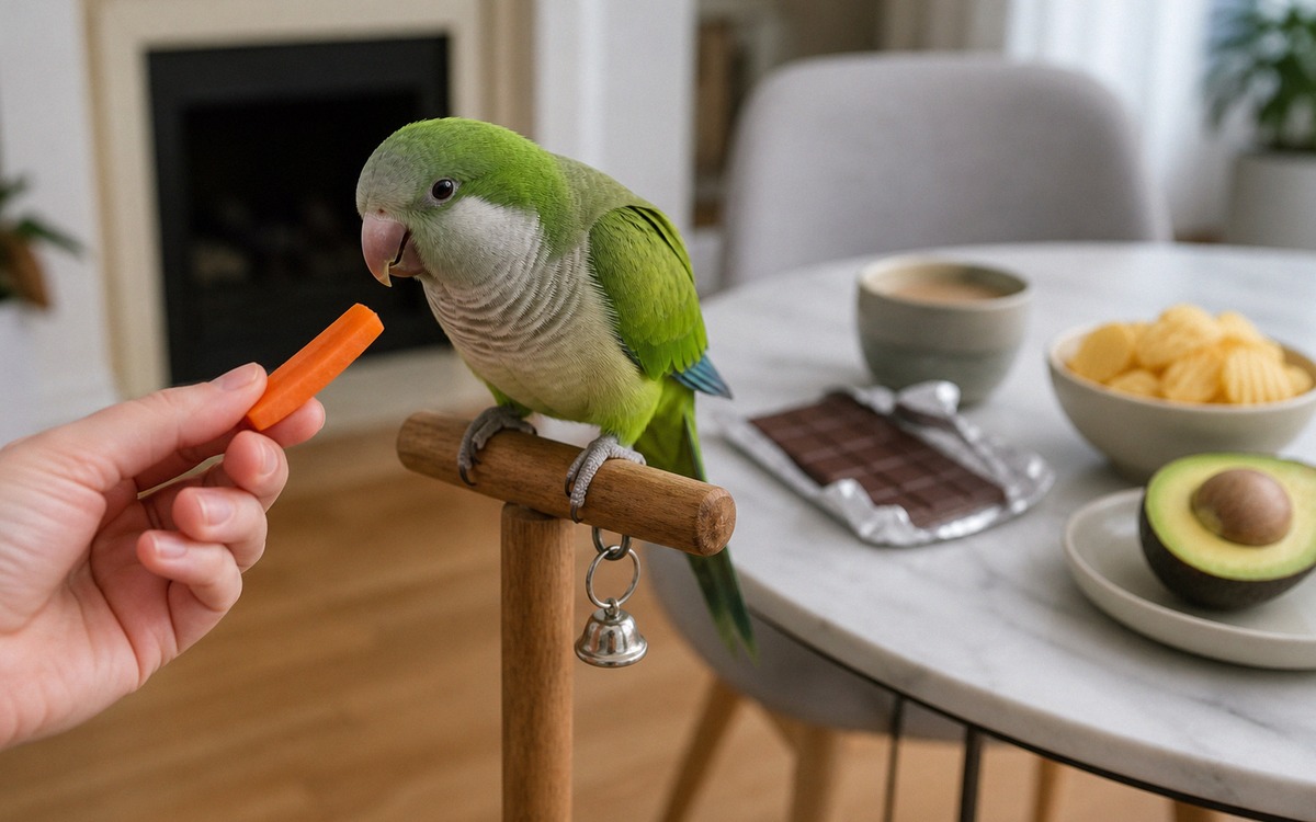 A clear safety scene for pet bird nutrition: a small parrot safely away from a human table with choc