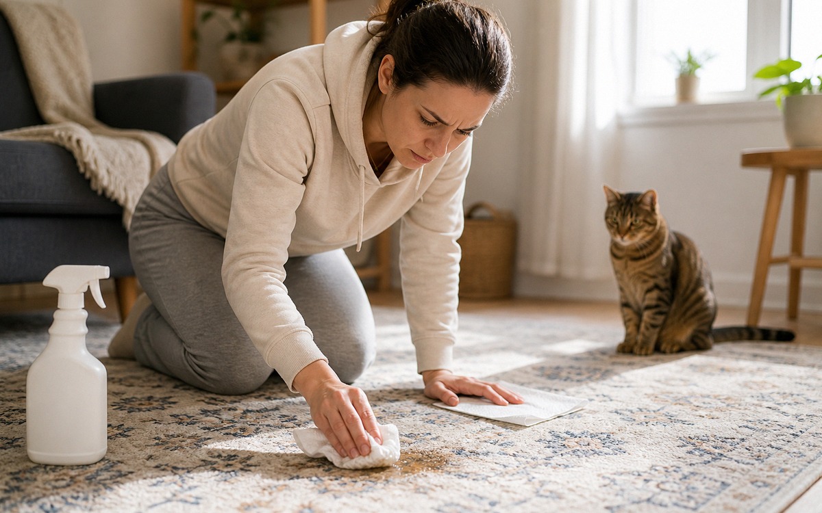 A concerned cat owner cleaning a small urine spot on a rug with paper towels while a cat watches fro